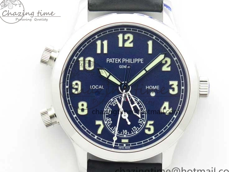 MIROTIME 0404 Practical Calatrava 5524 Pilot Travel Time SS GRF Blue Dial on Black Leather Strap A324 V 7107